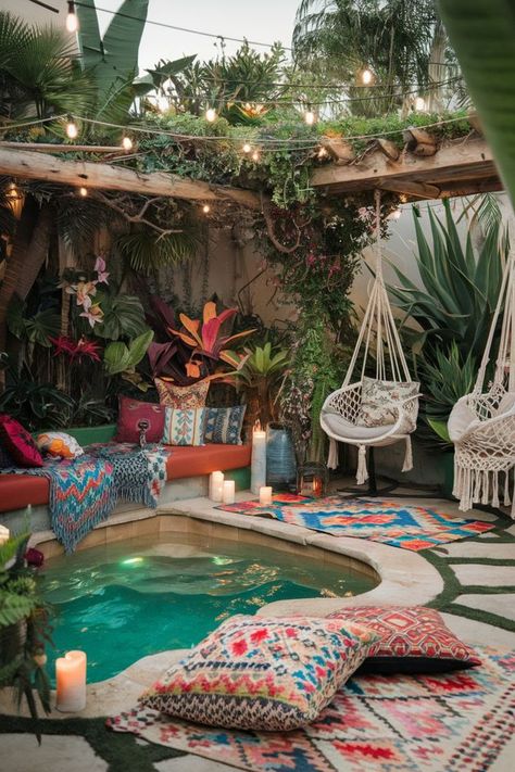 Cozy outdoor seating area with a small pool, colorful pillows, and lush greenery, illuminated by string lights Cool Airbnb Ideas, Small Backyard Oasis, Verandah Ideas, Oasis Garden, Pool Inspiration, Vibrant Decor, Retreat Ideas, Biophilic Design, Patio Makeover