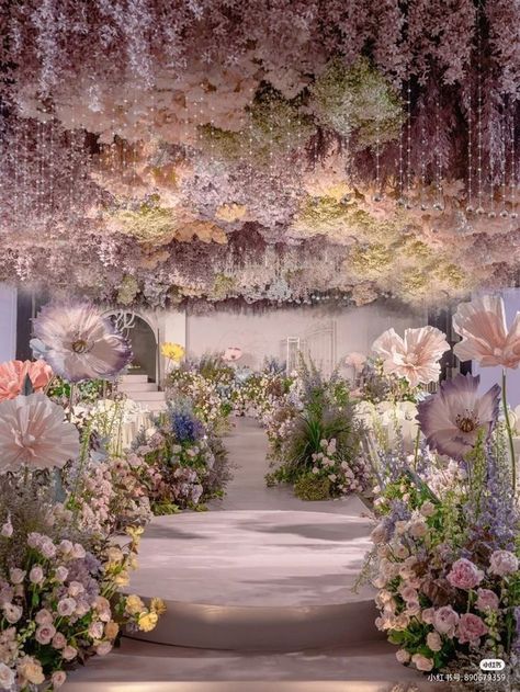 Wedding Inspo Romantic Reception, Ethereal Wedding Aesthetic, Ethereal Debut Theme, Debut Stage Decoration, Pelaminan Aesthetic, Floral Stage Decor, Dreamy Wedding Theme, Dream Wedding Reception, Wedding Background Decoration