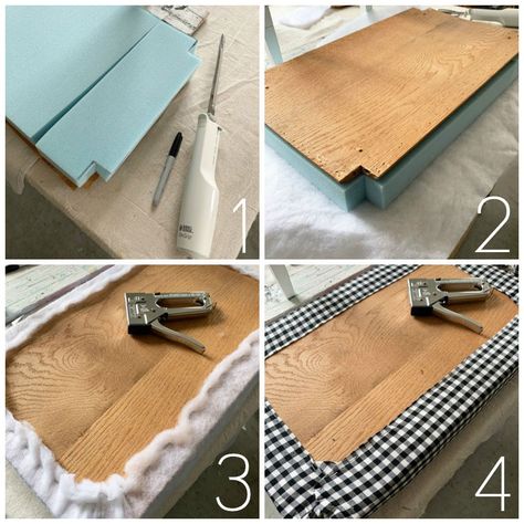 How to add new foam to a bench Bench Reupholster Diy, Reupholster Bench Cushion, How To Reupholster A Bench, How To Reapolstering Bench, Reapolstering Bench Seat, How To Upholster A Bench, Reupholster Bench, Dining Bench Diy, Dressing Table Bench