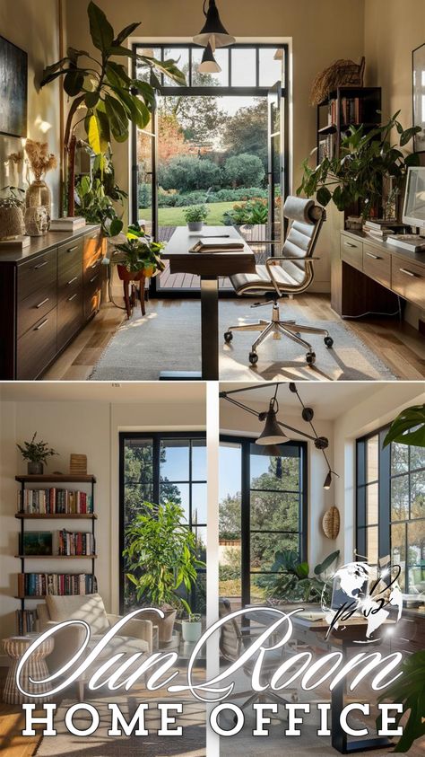 Create a luxurious sunroom office with elegant decor and plenty of natural light. Use cozy home office elements and sophisticated furniture for a stylish WFH setup that promotes productivity and comfort. Perfect for office room ideas and home office decor inspiration. #sunroom #luxuriousstyle #naturalight #homeofficeideas #officeinspo #elegantoffice #officecolors #homedécor #officeorganization #decoration Sunroom Study Ideas, Luxurious Sunroom, Office Sunroom Combo, Sunroom Office Ideas, Home Office Decor Inspiration, Diy Sunroom, Office Room Ideas, Office Decor Inspiration, Wfh Setup