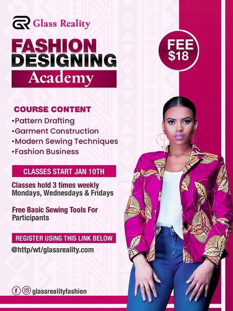 Fashion Banner Design Ideas, Fashion Names Ideas, Fashion Flyer Design, Class Poster Design, Course Flyer, Fashion Design Course, Fashion Course, Tailoring Classes, Fashion Flyer