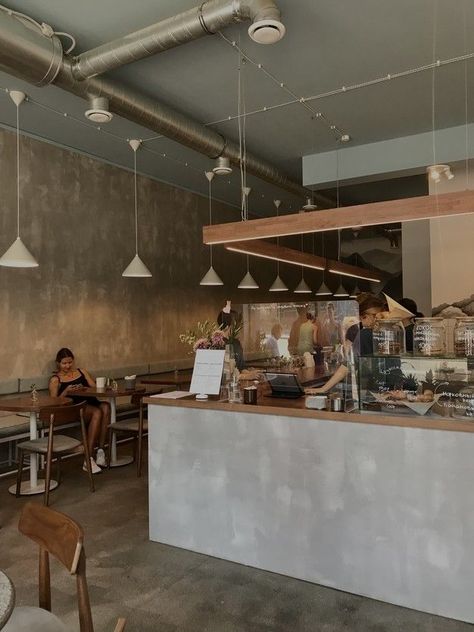 Small Cafe Lighting Ideas, Concrete Coffee Bar, Cement Coffee Shop, Modern Pizza Restaurant Design, Industrial Cafe Counter, Brick Wall Cafe, Industrial Design Interior Cafe, Industrial Cafeteria, Japandi Cafe