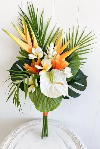 Reception At Home Decorations, Wedding Bouquets Tropical Simple, Wedding Bouquets Hawaii, Artificial Tropical Flowers, Diy Tropical Bouquet, Polynesian Wedding Bouquet, Orange Tropical Bouquet, Small Tropical Wedding Bouquets, Orange And White Tropical Wedding