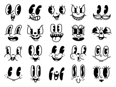 Vintage 50s cartoon and comic happy faci... | Premium Vector #Freepik #vector #logo #vintage #character #cartoon Attitude Face Expression, Cartoon Facial Features, Winky Face Drawing, Happy Facial Expressions, Happy Face Illustration, Anatomy Basics, 50s Cartoon, Germ Illustration, Old Animation