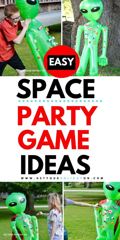 Space party game ideas for a kids birthday! #alien #space #birthdayparty #kidsparty Space Birthday Party Games Activities, Space Theme Party Activities, Astronaut Party Games, Outer Space Theme Games, Space Theme Birthday Games, Diy Alien Party Decorations, Space Theme Birthday Party Games, Alien Party Food Ideas, Space Themed Party Decor