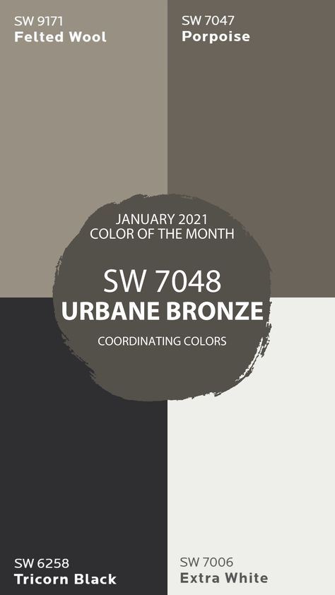 Looking back at the colors of the month by Sherwin-Williams starting with January 2021, Urbane Bronze. The coordinating colors are Felted Wool, Propoise, Tricorn Black and Extra White. Check out our favorite colors of 2021 on our BLOG! Bedroom Wall Color Combination Ideas, Wall Color Combination Ideas, A Year In Color, Year In Color, Urbane Bronze, Colors For House, Paint Colors For House, House Paint Color Combination, Color Combinations Paint