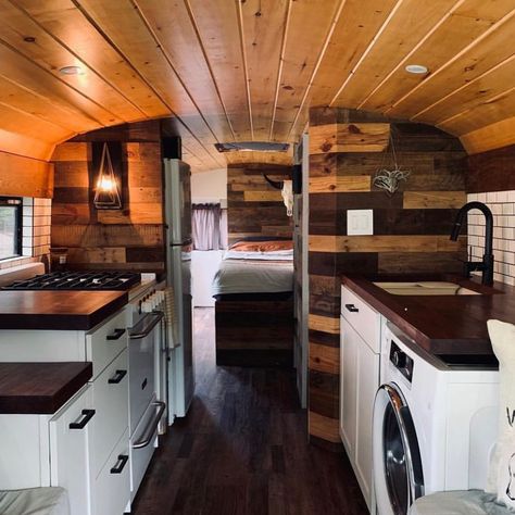 School Bus Tiny House, School Bus Camper, School Bus House, Converted School Bus, Converted Bus, Wood Aesthetic, Bus Living, School Bus Conversion, Bus House