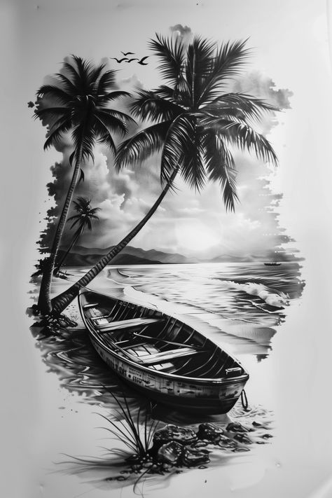 tattoo design, beach scene with boat and palm trees, sunset in distance, photograph, black and white, photorealistic --v 6 Island Theme Tattoo, Ocean Scenery Drawing, Beach Tattoo Black And White, Palms Tattoo Ideas, Beach Tattoo Stencil, Palm Tree Beach Tattoos, Barbados Tattoo Ideas, Beach Scene Tattoo Design, Palm Trees Tattoos