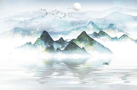 Chinese Watercolor Landscape, Chinese Nature Painting, Simple Chinese Painting, Chinese Mountain Art, Chinese Mountain Illustration, Chinese Background Landscape, Zen Entrance, Chinese Mountain Painting, Homebody Quotes