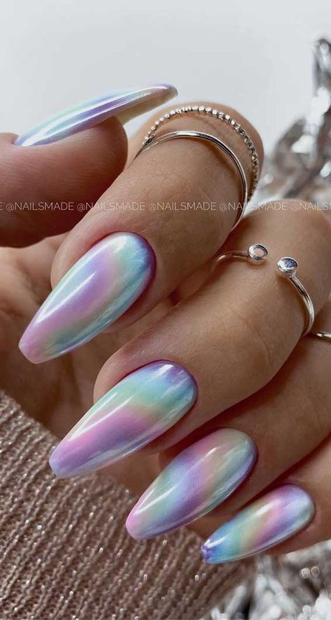 tie dye nails, best summer nails, nail trends, nail art design, coffin nails, coffin nail designs Holographic Nail Designs, Nails Basic, 90s Nails, Retro Nails, Chrome Nails Designs, Tie Dye Nails, Unicorn Nails, Colorful Nails, Pretty Nail Art Designs