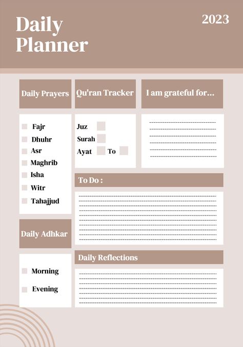 An Islamic daily planner to stay organised 2023 Beige, Prayer Tracker, Islamic Journal, Ramadan Planner, Aesthetic Usernames, Study Planner Printable, Daily Weekly Planner, Budget Planner Template, Wedding Planner Printables