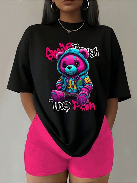 SHEIN Slayr Slim-Fit Women's Casual Short Sleeve T-Shirt, Psychedelic Teddy Bear Print, Colorful Drip Artistic Tee, Vibrant Graphic Unisex Abstract Design, Playful Bear TopI discovered amazing products on SHEIN.com, come check them out! Graffiti T Shirt, Teddy Bear Print, Long Sleeve Tops Casual, Tween Outfits, Top Graphic Tees, Cute Simple Outfits, Bear Print, Kids Sleepwear, Graphic Tees Women