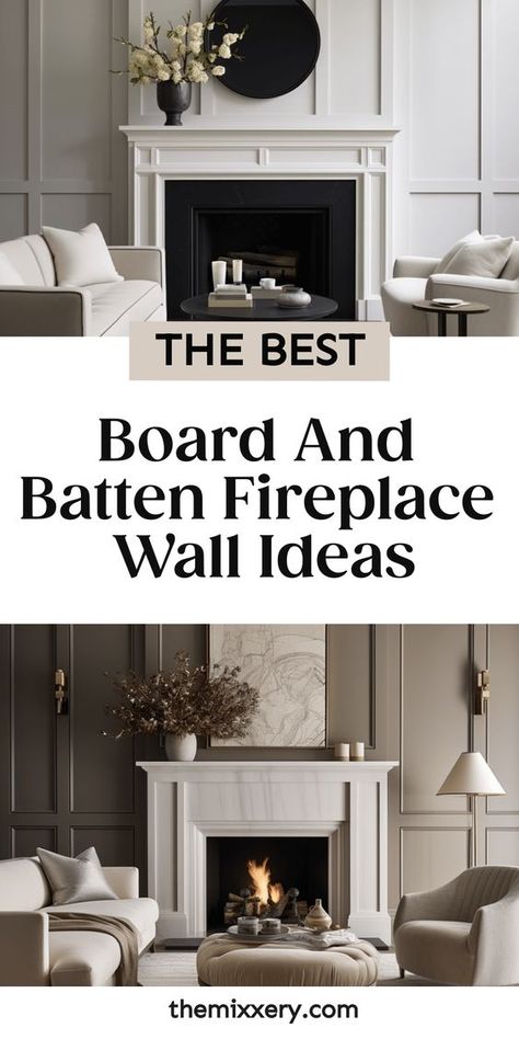 Update your living room with a stunning board and batten fireplace wall. Transform your space with the timeless and elegant combination of board and batten, creating a striking focal point that will surely impress. Whether you prefer a sleek modern look or a cozy rustic feel, there is something for everyone in these board and batten fireplace designs. Add character to your home with a stylish board and batten fireplace surround or create warmth by incorporating stone accents. Board And Batten Living Room Fireplace, Board And Batten Wall Pitched Ceiling, Family Room Focal Wall Ideas, Fireplace With Board And Batten Wall, Different Board And Batten Ideas, Board And Batten Wall Fireplace, Board And Batten Around Fireplace, Stone Accent Wall Living Room, Fireplace Trim Ideas Moldings