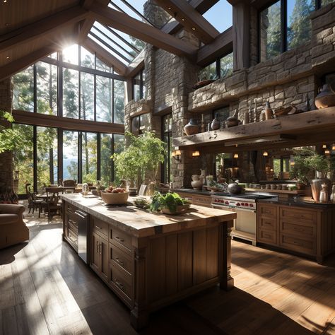 Lodge Kitchen Ideas Rustic, Farmstead House, Rustic Dining Rooms, Forest House Kitchen, Dream House Nature, Building House Ideas, Big Kitchens, Woodsy House, Big Open Kitchen