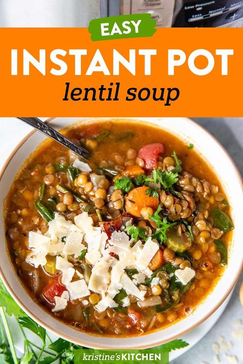 The Best Instant Pot Lentil Soup Recipe! This healthy homemade lentil soup is incredibly flavorful and so easy to make in your Instant Pot. Recipe is vegetarian and vegan. Lentil Soup Crockpot, Lentil Soup Recipe Healthy, Healthy Lentil Soup, Instant Pot Soup Recipe, Homemade Lentil Soup, Instant Pot Lentil Soup, Lentils Instant Pot, Chicken Lentil Soup, Lentil Recipes Healthy