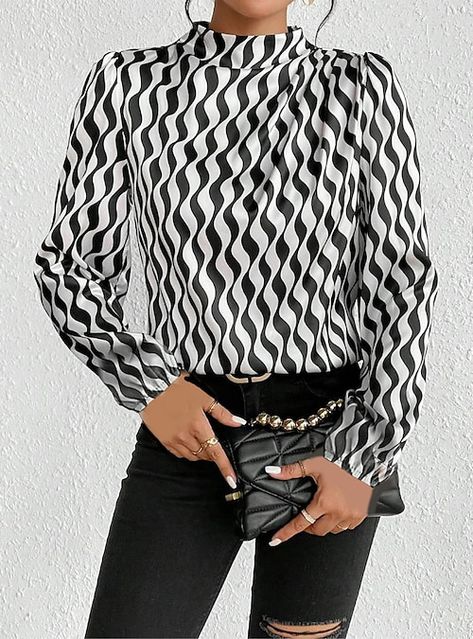 Stand Collar Blouse, How To Fold Sleeves, Loose Fit Blouse, Mock Neck Blouse, Stripe Outfits, Women Office, Puff Sleeve Blouse, Casual Black, Women Shirts Blouse