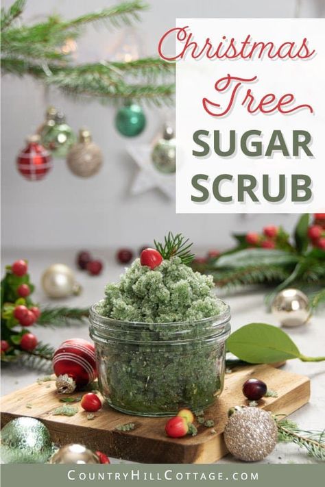 How to make easy homemade Christmas tree body scrub recipe with woodsy essential oils. The easy DIY coconut oil sugar scrub has many skincare benefits, perfect for exfoliating and glowing skin. The simple natural moisturizing pine sugar scrub is an affordable handmade Holiday gift idea. With tips for storage, how to use, packaging ideas in mason jars and free printable labels. Great for legs, feet, hands and lips. #sugarscrub #Christmasgift #bodyscrub #gift #exfoliation | CountryHillCottage.com Diy Body Scrub Christmas Gift, Diy Self Care Christmas Gifts, Cranberry Crafts Christmas, Christmas Sugar Scrub Recipes, Diy Christmas Sugar Scrub, Christmas Body Scrubs, Christmas Sugar Scrub Diy, Christmas Sugar Scrub, Cranberry Sugar Scrub