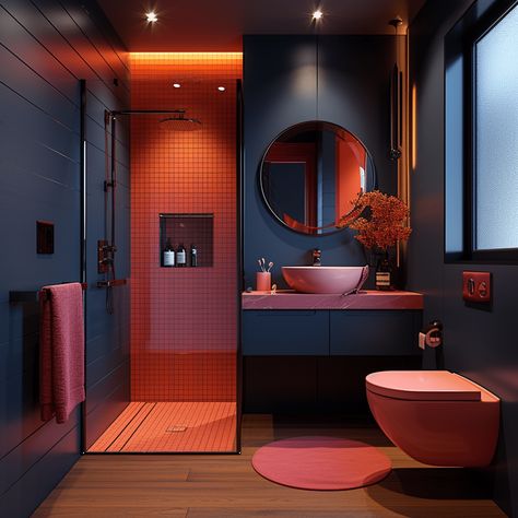 25 Bold and beautiful Dark bathroom Floor ideas that will Wow you Original Interior Design, Bathroom Design With Bathtub, Dark Red Bathroom, Dark Bathroom Floor, Budget Bathroom Design, Dark Modern Bathroom, Bathroom Floor Ideas, Red Bedroom Ideas, Dark Blue Bathroom