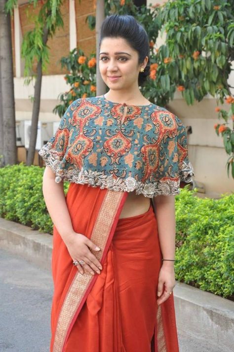 Charmy Kaur In Orange Saree With Crop Top Blouse Plain Saree With Designer Blouse, Saree With Designer Blouse, Charmy Kaur, Orange Saree, Sari Blouse Designs, Plain Saree, Blouse Designs Indian, Saree Blouse Patterns, Blouse Designs Silk