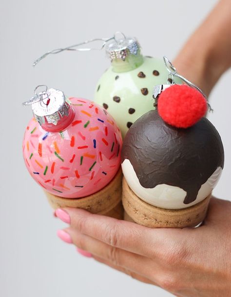 DIY: Ice Cream Cone Christmas Bauble Ornaments | My Poppet Makes Christmas Ornament Ball Ideas, Seasonal Garland, Diy Christmas Baubles, Donut Ornament, Glass Christmas Baubles, Diy Donuts, Candy Christmas Tree, Candy Tree, Donut Decorations