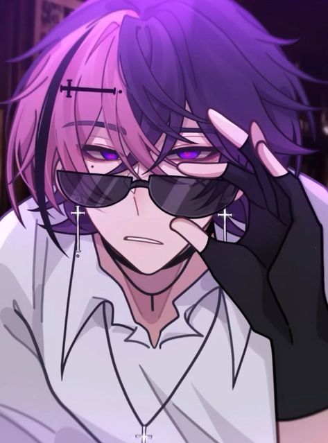 Chibi Eyes Male, Traumatized Oc, Flustered Pose Reference, Purple Anime Characters, Gacha Life 2 Poses, Purple Hair Character, Purple Hair Pfp, Purple Hair Anime, Face Shadow