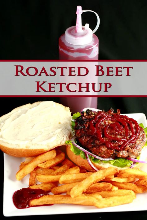 An open faced burger on a plate with fries. The burger has a large ruby red swirl of beet ketchup on it, and there's a bottle of the same, behind the plate. Beet Ketchup Recipe, Beet Butter, How To Cook Beetroot, Beet Ketchup, Ketchup Recipes, Horseradish Recipes, Pickled Beets Recipe, Food Sauces, Condiments Recipes