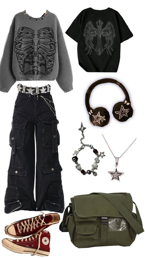 idk I'm testing this thingy #grunge #jewlery #grungeaesthetic #idk #follow Outfit Ideas Fall Grunge, Make Outfits Aesthetic, Grunge Outfit Inspo Plus Size, Plain Goth Outfits, Grunge Cold Outfit, Pop Grunge Aesthetic Outfits, Tomboy Grunge Aesthetic, Mid 2000s Emo Fashion, Slightly Emo Outfit