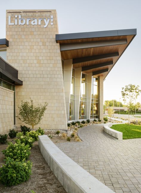 Gallery of Library! at Bown Crossing / FFA Architecture and Interiors - 8 School Entrance Design Architecture, School Entrance Architecture, Modern Public Building, Educational Buildings Architecture, Library Facade Design, Small Library Architecture, Modern Library Exterior, Library Building Architecture, Library Entrance Design