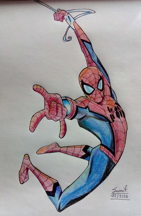 Spiderman Drawing Color, Spiderman Full Body Drawing, Cool Spiderman Drawings, Marvel Spiderman Drawings, Spiderman Swinging Drawing, Spiderman Cartoon Drawing, Spider Man Drawing Sketches, Spiderman Standing, Spiderman Drawing Ideas