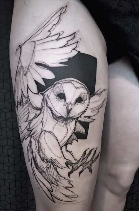 Owl Totem Tattoo, Leonardo Divinci Tattoo, Labyrinth Owl Tattoo, Owl Sketch Tattoo, Owl Tattoo Sketch, Owl Thigh Tattoos, Collioure France, Minnesota Tattoo, Tattoo Japonais