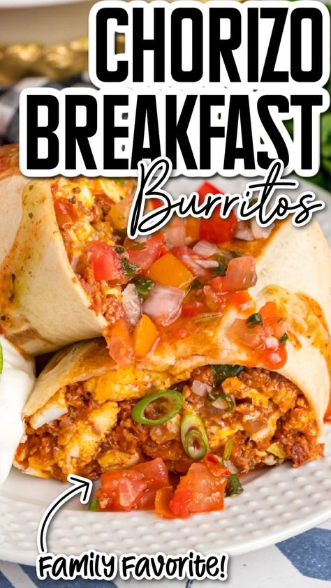 Breakfast has never been this tempting, with layers of spicy chorizo, scrambled egg, warm and gooey cheese all wrapped up in a beautifully golden brown flour tortilla. This Chorizo Breakfast Burrito is not a recipe to miss! Chorizo Breakfast Burrito, Best Breakfast Burritos, Burrito Ingredients, Breakfast Burrito Recipe, Chorizo Breakfast, Burrito Recipe, Breakfast Burritos Recipe, Flour Tortilla, Breakfast Prep