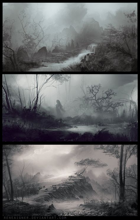 Three Landscape Speedpaintings 04/13 by ReneAigner on DeviantArt Haunted Landscape, Value Composition, First Garden, Environment Painting, Rock Landscaping Ideas, Dark Landscape, Landscaping Inspiration, Rock Landscaping, Comic Layout