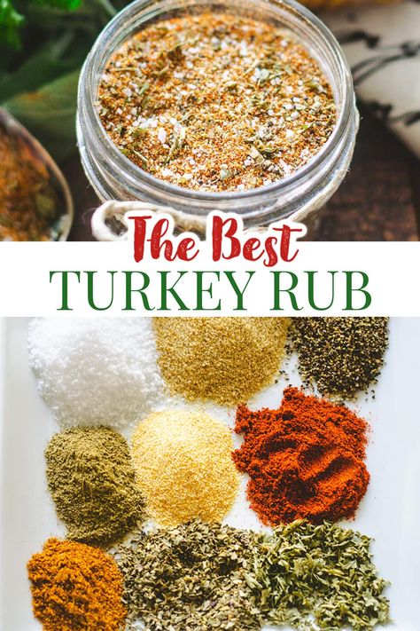 This homemade turkey rub is a blend of savory spices and herbs to make the ultimate poultry seasoning! A Homemade spice rub adds loads of flavor to your Thanksgiving turkey, while also delicious on chicken, beef, and pork! #turkeyrub #turkeybutterrub #thanksgivingturkeyseasoning Turkey Rub Recipes Thanksgiving, Best Turkey Rub Recipe, Best Turkey Seasoning, Turkey Rubs, Smoked Turkey Rub, Turkey Rub Recipes, Rub Seasoning, Turkey Rub, Turkey Seasoning