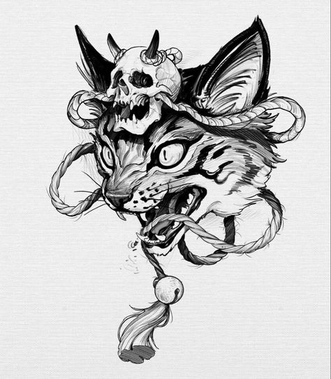 Cool Tattoos Sketches, Dark Animal Drawings, Scary Animal Tattoo, Dark Cat Tattoo, Cat Skull Drawing, Cat Skull Tattoo, Arm Tattoos Drawing, Petit Tattoo, Cat Tattoo Designs