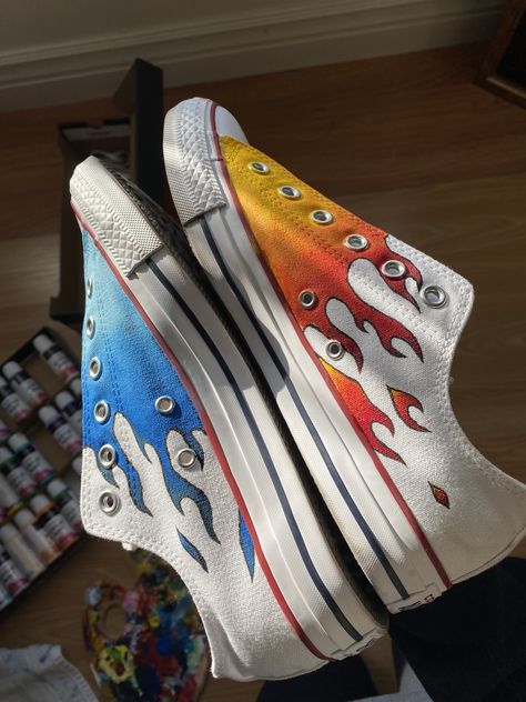 Flame Shoes Diy, Painting White Converse, Custom Converse Paint, Converse Painted Shoes Ideas, Customized Converse Ideas, Converse Diy Painted, Shoe Painting Ideas Converse, Converse Custom Art, Shoes Painting Ideas Converse