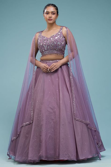 #lehenga #lehengacholi #samyakkclothing #samyakklehenga #organza fabric #designerlehenga #dusty lavender color #sequins work #purple pantone #embroidery #onlineshopping #onlinelehenga Net Lehenga Choli Designs Latest, Front Blouse Designs Latest For Lehenga, Lavender Lehenga Ideas, Lahenga Design Net, Organza Lehnga Outfit, Lilac Color Saree, Lehanga Neck Designs, Light Purple Lehenga Color Combos, Purple Dress Indian