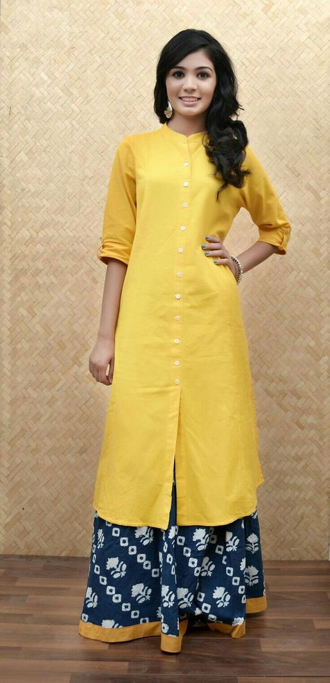 Lemon yellow kurti Yellow Embroidery Kurti, Kurta Designs Women Casual, Indian Sharara, Khadi Kurta, Kurti Women, Embroidery Kurti, Yellow Kurta, Yellow Embroidery, Desi Wear