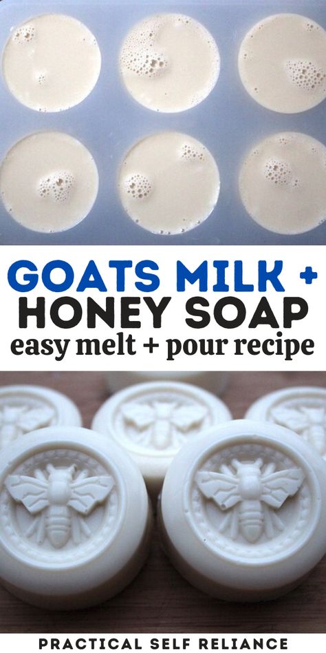 Goats milk and honey soap is a beautiful handmade gift to make or receive.  By using a goats milk melt and pour soap base, you can skip the risk of dealing with lye and the hassle of milking a goat.  The resulting soap is still handcrafted with love right in your home kitchen, and the shape, add-ins, and scents are all your own. Diy Bath Soak Recipes, Diy Goat Milk Soap, Honey Soap Recipe, Milk And Honey Soap, Goat Milk Soap Recipe, Milk Soap Recipe, Melt And Pour Soap Base, Bath Soak Recipe, Goat Soap