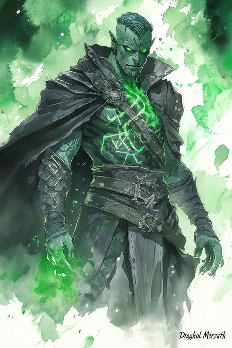 Draghul possesses an aura of mysticism, as opposed to the brute force so commonly associated with his ilk. His emerald skin is etched with intricate runic tattoos that flicker with an eerie dark glow, a mark of his pact with an eldritch patron. Pathfinder Character Art, Orc Warlock, Warlock Tattoo, Character Showcase, Dnd Orc, Warlock Dnd, Magic Realms, Blood Hunter, Pathfinder Character