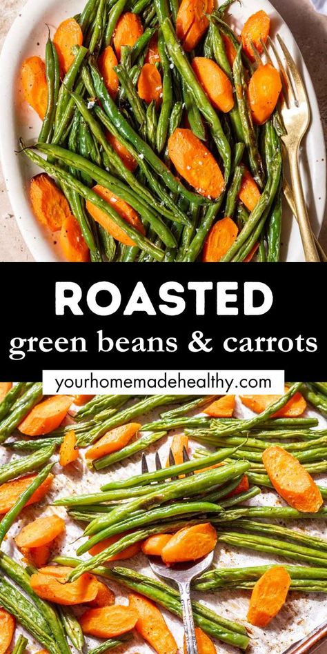 Roasted green beans and carrots on a serving platter with a fork. Roasted Carrotts, Roasted Green Beans And Carrots, Thanksgiving Green Bean Recipe, Green Beans And Carrots, Green Bean Recipes Healthy, Thanksgiving Green Beans, Healthy Easter Recipes, Carrots Side Dish, Family Breakfast Recipes