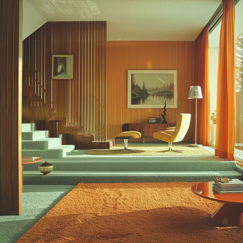 A series of mid-century modern rooms, each showcasing the psychological impact of different color schemes (energizing, tranquil, and warm)3 Mid Century Art Deco Interior, 50s Mid Century Modern, 1950s Apartment Interior, Living Room Designs Retro, 80's Living Room, 70s Mid Century Bedroom, 1950s Home Interior, Mid Century Sims 4, Interiors With Color