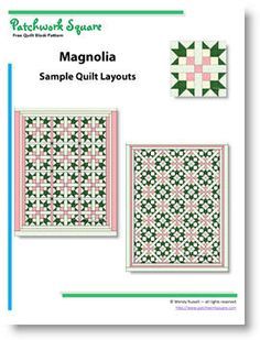 MAGNOLIA quilt block pattern to download Magnolia Quilt Pattern, Free Quilt Block Patterns, Fun Quilts, Fall Quilt Patterns, Sewing Machine Instruction Manuals, Simple Quilt, Fall Quilt, Sewing Machine Instructions, Kaleidoscope Quilt