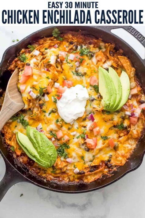 This easy chicken enchilada casserole is for all those Mexican food lovers. It's a fiesta in a skillet and makes the perfect one-pan dinner. Each bite is loaded with chicken, black beans and spicy chilis then topped with cheese and your favorite toppings. You can also make them with beef, pork, or turkey! #enchilada #texmexdinner #chickenenchilada #enchiladacasserole #skilletmeal #onepanmeal One Pot Chicken Enchilada Skillet, Enchilada Skillet Healthy, One Skillet Street Corn Chicken Enchilada Bake Half Baked Harvest, One Pot Enchilada Casserole, Joyful Healthy Eats Recipes, Mexican Weeknight Dinner, One Pan Chicken Enchilada Skillet, Enchilada Stove Top, Chicken Enchilada Skillet Dinner