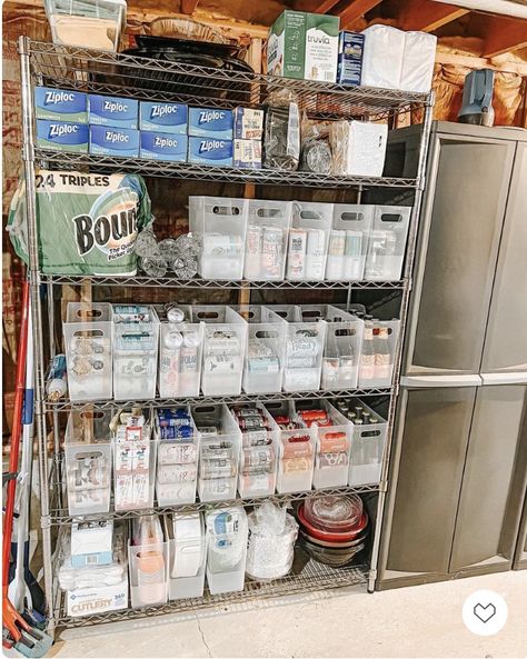 Do you keep a backstock area in your home? There’s no sense in cluttering up the main living areas in your home when you have the space for backstock! This beverage area would overflow the kitchen but makes perfect sense just a few feet away, at the bottom of the basement stairs. Basement Freezer Area, Storage Areas In House, Kitchen Drink Storage, Organisation, Storage In Basement Ideas, Basement Shelf Storage, Food Storage In Garage, Drink Storage Ideas Garage, Garage Pantry Ideas Food Storage