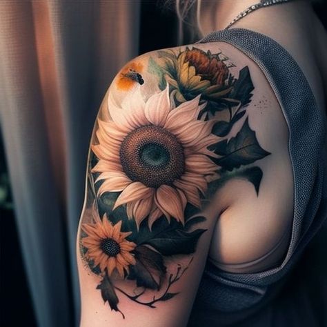 89 Sunflower Tattoo Ideas - TattooClue.com Tattoo Cover Up Ideas For Women Shoulder, Shoulder Tattoos For Women Color, Shoulder Cover Up Tattoos For Women, Minimalistic Sunflower Tattoo, Cover Up Tattoo Designs For Women, Sunflower Back Tattoo, Sunflower Tattoos For Women, Rebecca Tattoo, Elf Tattoo