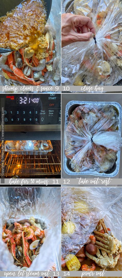 Crab Boil Oven Recipe, Seafood Boil In Bag In Oven, Seafood Steam Bags, Sea Food Boil Recipe In A Bag, Crab Boil At Home, Seafood Boil On Grill, Shrimp Boil In Oven Bag, At Home Crab Boil, Seafood Broil In A Bag