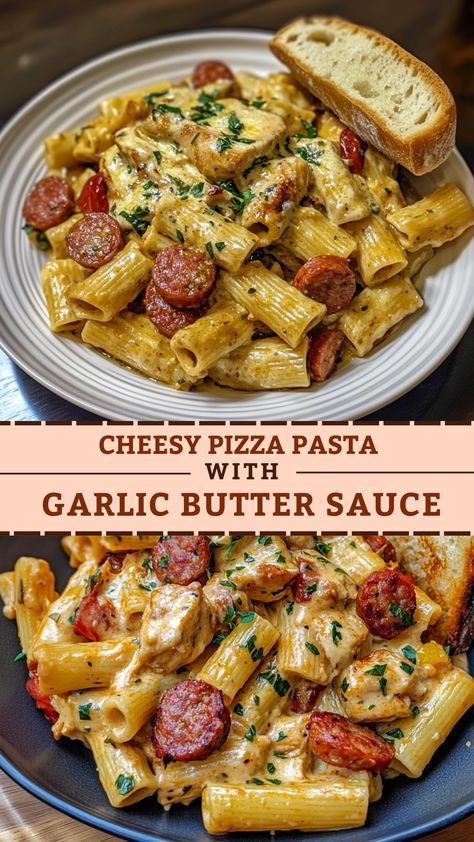 Cheesy Pizza Pasta with Pepperoni and Sausage Easy Pasta Recipes With Sausage, Pepperoni Pasta Recipes, Healthy Dinner Recipes With Sausage, Wagon Wheel Pasta Recipes, Pizza Inspired Recipes, Sausage And Noodles Recipes, Sliced Sausage Recipes, Recipes With Pizza Sauce, Sausage Marinara Pasta