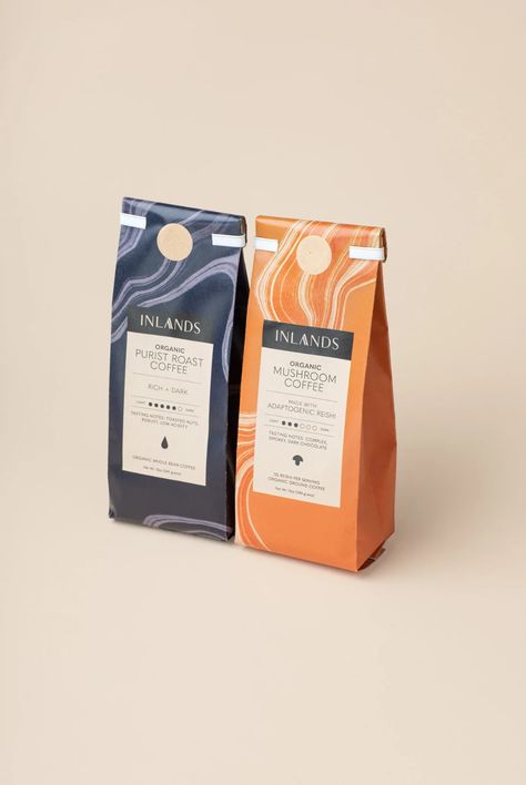 Inlands Mushroom Coffee Better For The Planet, Packaged In Compostable Bags | Dieline - Design, Branding & Packaging Inspiration Coffee Label Design, 3d Tipografi, Coffee Bag Design, Coffee Label, Packaging Label Design, Coffee Bags, Mushroom Coffee, Compost Bags, Compostable Packaging