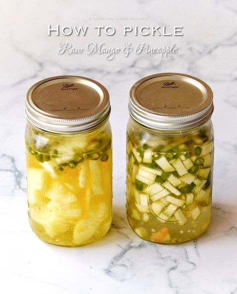 How to pickle mango and pineapple/ Uppilittath – Savory&SweetFood Pickled Pineapple, Pickled Mango, Mango And Pineapple, White Chocolate Desserts, Pistachio Baklava, Middle Eastern Desserts, Cream Biscuits, Raw Mango, Flavored Milk