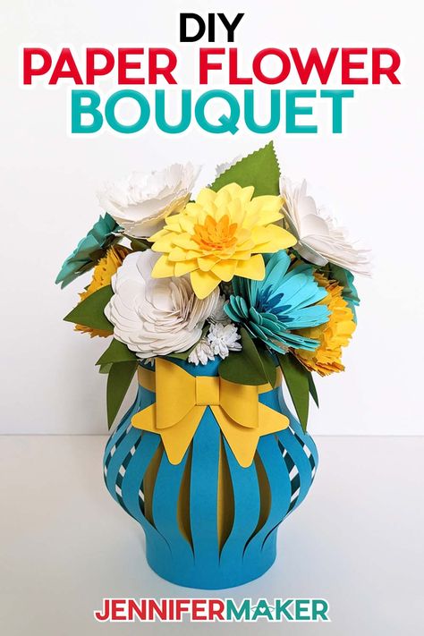 Make a paper flower bouquet and vase to display it in! Spiderman Background, Cricut Joy Projects, Paper Flower Vase, Gift Template, Cricut Paper Crafts, Cricut Projects Ideas, Paper Flower Centerpieces, Paper Dahlia, Bubble Letter Fonts